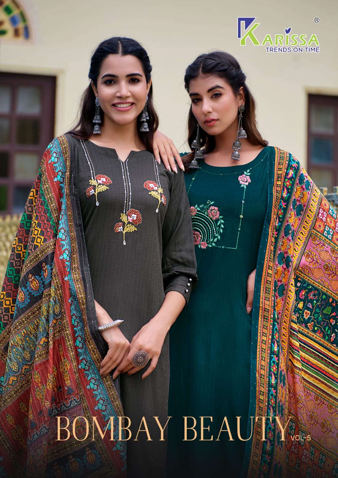 BOMBAY BEAUTY VOL 5 LIVA TAG VISCOSE RAYON  WEAVING THREAD AND HANDWORK KURTI WITH PANT AND MASLIN SEQUENCE WITH DIGITAL PRINT DUPATTA Y KARISSA BRAND POSTER